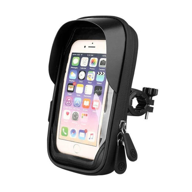 Mountain Bike Phone Holder With Touch Screen Mount — waterproof TPU enclosure fits 4.5–6.4" phones, handlebar clamp, glove-friendly touch film