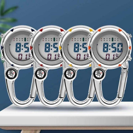 Mountain Climbing Watch Orange for Everyday Outdoor Use - compact orange-faced digital watch with built-in compass on carabiner for hiking and camping