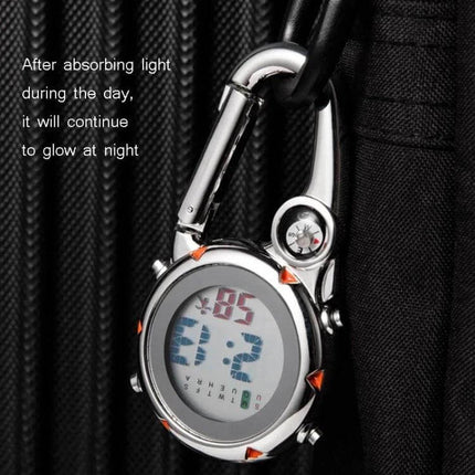 Mountain Climbing Watch Orange for Everyday Outdoor Use - compact orange digital watch with compass clipped to carabiner, luminous display, hiking gear