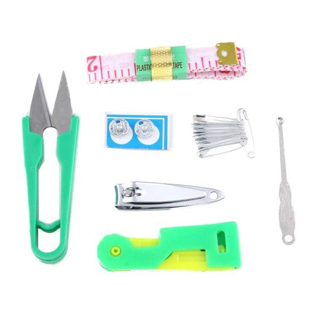 Multi-Color Sewing Box With Needle Accessories And Pins showing scissors, measuring tape, nail clippers, pins and small tools