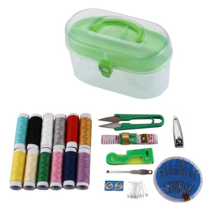 Multi-Color Sewing Box With Needle Accessories And Pins shown with threads, snips, needles, pins, snaps and compact green storage case