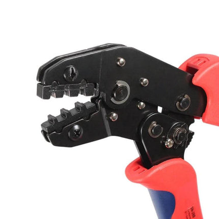 Multi-Function Mini Terminal Crimping Pliers With PVC Handle showing red PVC grips and high carbon steel crimping jaws for precise terminal work