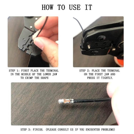 Multi-Function Mini Terminal Crimping Pliers With PVC Handle demonstrating step-by-step crimping of a small terminal on wire