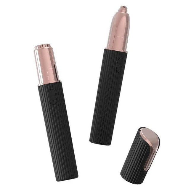 Multi-Function Portable Electric Eyebrow Trimmer Black slim cordless trimmer with ribbed ABS body, rose gold cutter head, cap and one-button design