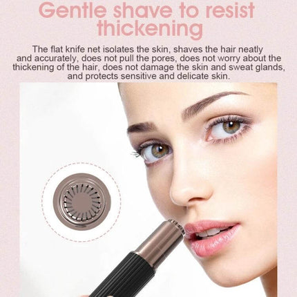 Multi-Function Portable Electric Eyebrow Trimmer Black showing close-up of woman using compact cordless trimmer with 3D knife net cutter head for gentle facial hair removal