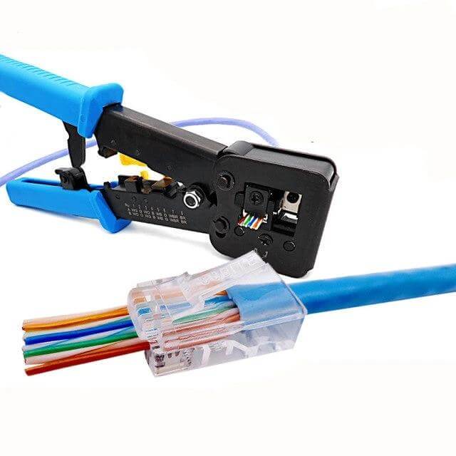 Multi-Function Through-Hole Cable Clamp for Electricians guiding and securing network cable with built-in cutting and stripping functions