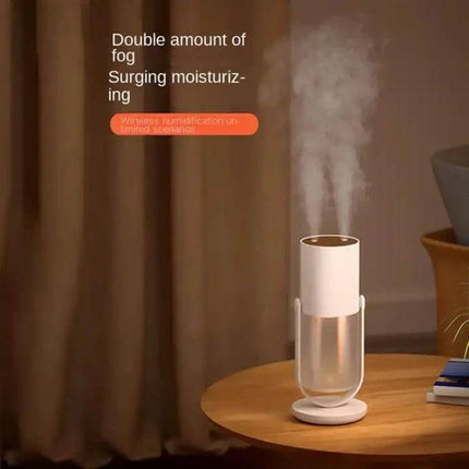 Multi-Mode Wireless Double Jet Humidifier 450ml Capacity on nightstand releasing dual-jet mist with 90-degree nozzle, portable wireless humidifier