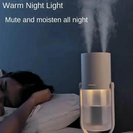 Multi-Mode Wireless Double Jet Humidifier 450ml Capacity on nightstand emitting dual mist with warm night light and cordless operation