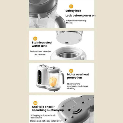 Multifunctional Baby Food Processor For Automatic Easy Home Meals showing safety lock, stainless steel water tank, motor overheating protection, anti-slip base