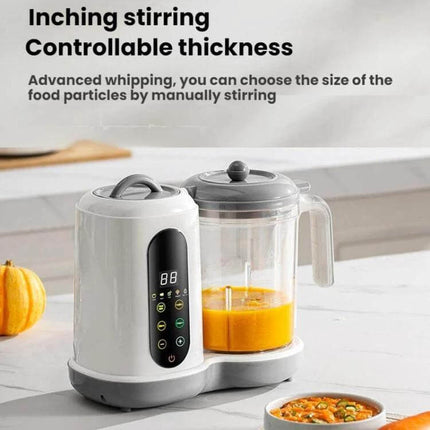 Multifunctional Baby Food Processor For Automatic Easy Home Meals compact white steamer-blender showing puree jar and touch controls