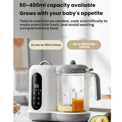 Multifunctional Baby Food Processor For Automatic Easy Home Meals - compact steamer blender showing 50–400 ml capacity and touch controls