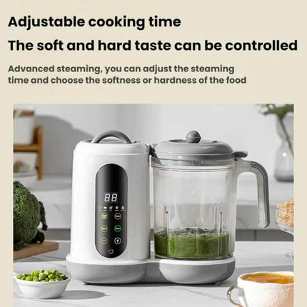 Multifunctional Baby Food Processor For Automatic Easy Home Meals showing adjustable steaming and blending unit with digital touch controls and green puree