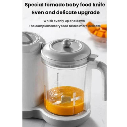 Multifunctional Baby Food Processor For Automatic Easy Home Meals showing compact steaming and blending jar with orange baby puree inside