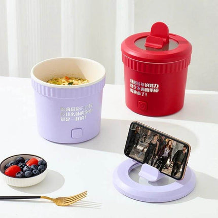 Multifunctional Electric Cooker For Everyday Home Meals showing compact purple and red cookers with noodles, fruit bowl and phone stand
