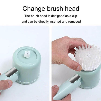 Multifunctional Handheld Wireless Folding Cleaning Brush for Kitchen showing removable clip-on brush head being pulled off and replaced