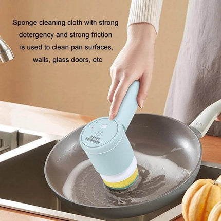 Multifunctional Handheld Wireless Folding Cleaning Brush for Kitchen in use cleaning a soapy frying pan with sponge head, cordless 360° rotating kitchen scrubber