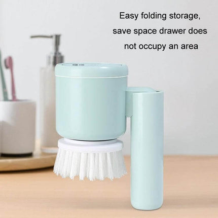 Multifunctional Handheld Wireless Folding Cleaning Brush for Kitchen showing compact mint cordless brush folded for easy storage with round bristles