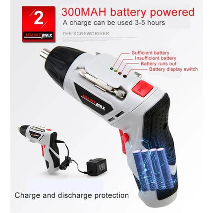 Multifunctional Household Electric Screwdriver Set For Home Tasks With US Plug compact cordless screwdriver showing battery indicator, US plug charger