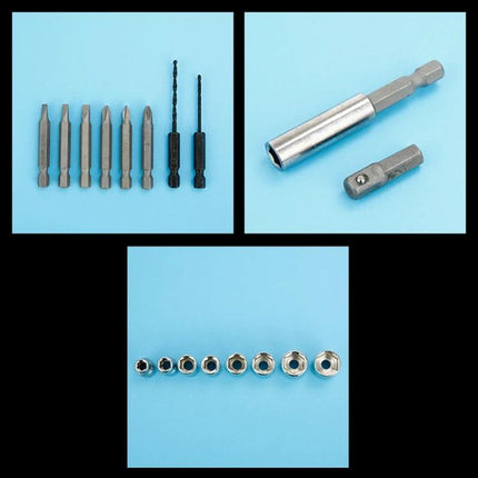 Multifunctional Household Electric Screwdriver Set For Home Tasks With US Plug — compact bits, drill adapters and nut sockets laid out on blue background
