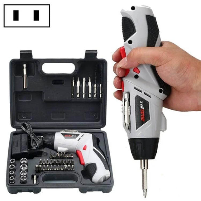 Multifunctional Household Electric Screwdriver Set For Home Tasks With US Plug compact kit showing screwdriver, bits, case and US plug