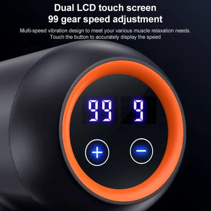 Muscles Relax Massager Gray For Full Body Relief At Home - close-up of dual LCD touch screen showing 99 gear speed and plus/minus buttons