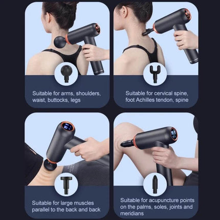 Muscles Relax Massager Gray For Full Body Relief At Home - compact gray pulse massage gun used on shoulders, back, legs with multiple heads