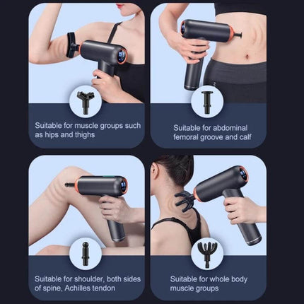Muscles Relax Massager Gray For Full Body Relief At Home – handheld pulse massage gun shown on shoulders, back, abdomen and legs