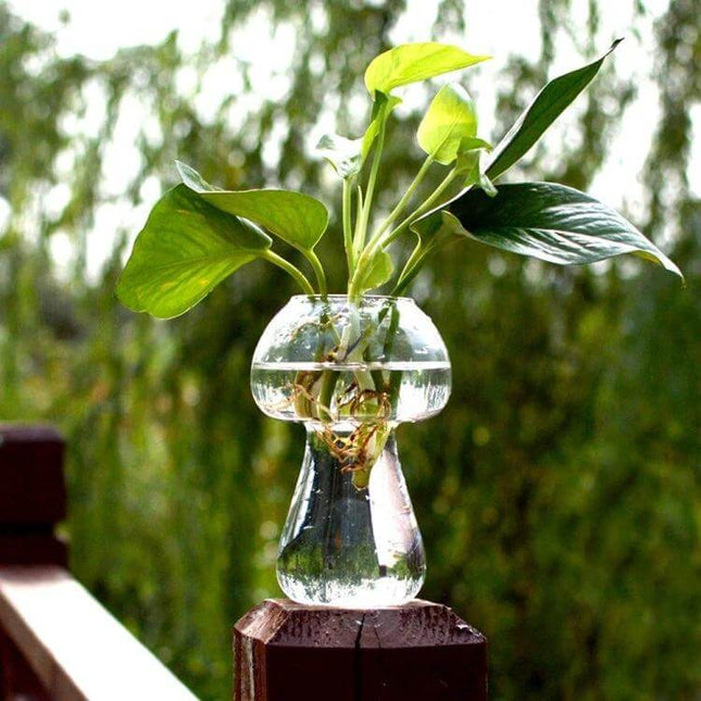 Mushroom Shaped Glass Vase 10x15cm For Home Decor Display clear glass mushroom vase with green stems on railing for desk or shelf
