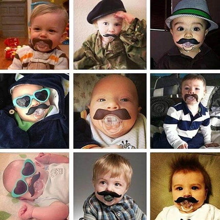 Mustache Baby Teether Soft Nipple For Soothing Gums - collage of babies using mustache-shaped silicone nipple teether to soothe gums