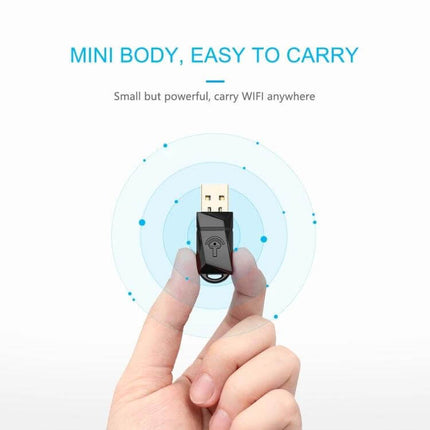 Rocketek Wireless USB Adapter for Easy Internet Access - compact USB WiFi dongle held between fingers for portable wireless connectivity