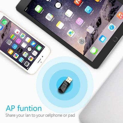 Rocketek Wireless USB Adapter for Easy Internet Access USB WiFi adapter next to tablet and phone showing AP function