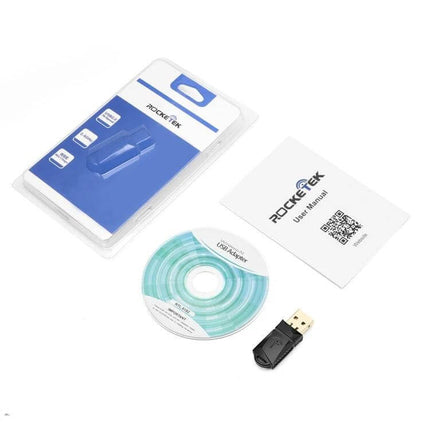 Rocketek Wireless USB Adapter for Easy Internet Access with USB dongle, driver CD, manual and retail packaging