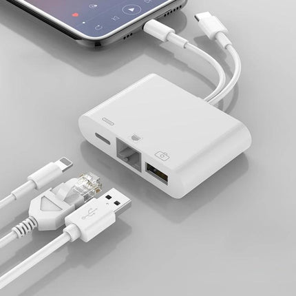 NK-107 Pro Adapter for Daily Device Connections at Home showing white adapter with Ethernet, USB and Type-C/8-pin cables connected