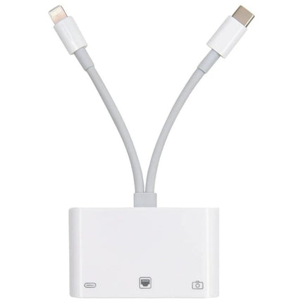 NK-107 Pro Adapter for Daily Device Connections at Home — white dual-cable adapter with 8‑Pin and Type‑C for Ethernet and peripherals