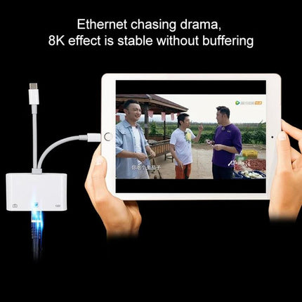 NK-107 Pro Adapter for Daily Device Connections at Home showing tablet streaming via Ethernet for stable 8K playback without buffering