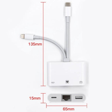NK-107 Pro Adapter for Daily Device Connections at Home - white Type-C/8 Pin to Ethernet and USB hub (compact 65x15mm)