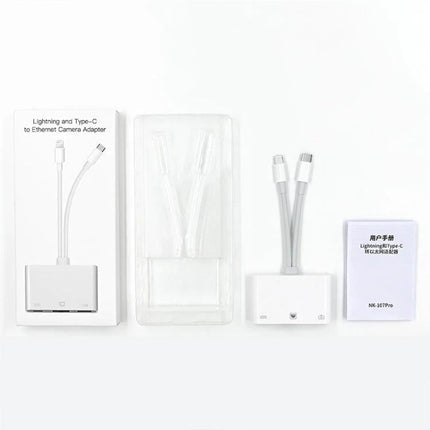 NK-107 Pro Adapter for Daily Device Connections at Home - white Lightning and Type-C to Ethernet adapter with packaging