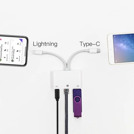 NK-107 Pro Adapter for Daily Device Connections at Home showing Lightning and Type-C connections to Ethernet and USB flash drive