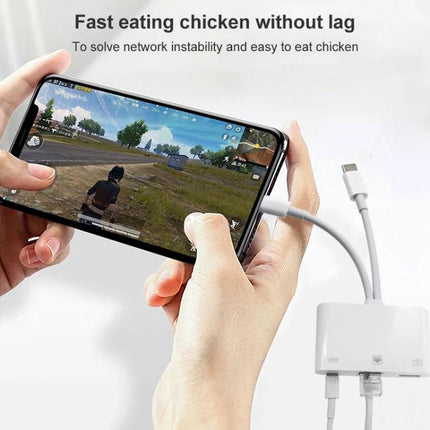 NK-107 Pro Adapter for Daily Device Connections at Home showing phone gaming via Ethernet for lag-free streaming and file transfers