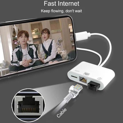 NK-107 Pro Adapter for Daily Device Connections at Home showing phone connected via Ethernet for fast streaming and file transfers