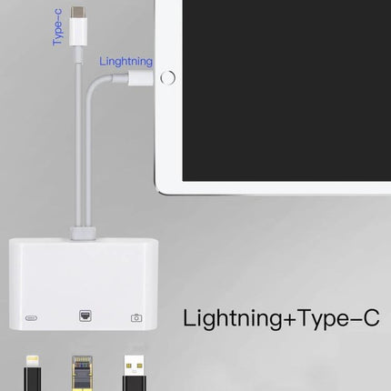 NK-107 Pro Adapter for Daily Device Connections at Home showing white Lightning and Type-C ports connected to a tablet and Ethernet/peripheral hub