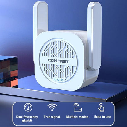 COMFAST Dual-Band WiFi Signal Extender for Home Coverage white plug-in repeater with dual antennas boosting home WiFi up to 1200Mbps