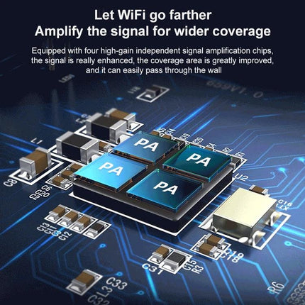 COMFAST Dual-Band WiFi Signal Extender for Home Coverage showing internal PA amplifier chips and circuit board to illustrate boosted home WiFi range