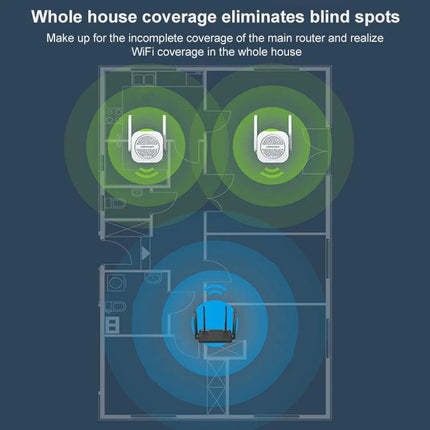 COMFAST Dual-Band WiFi Signal Extender for Home Coverage showing two extenders boosting whole-house WiFi to eliminate dead zones