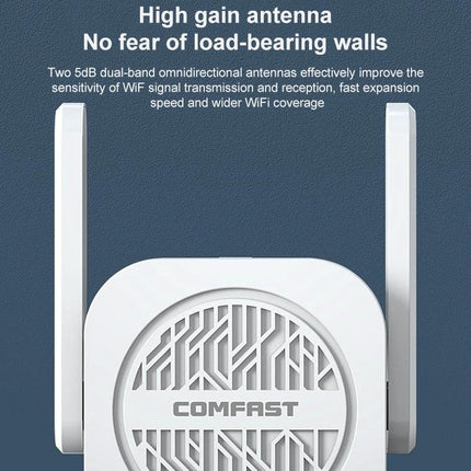 COMFAST Dual-Band WiFi Signal Extender for Home Coverage white extender with dual high-gain antennas against blue background