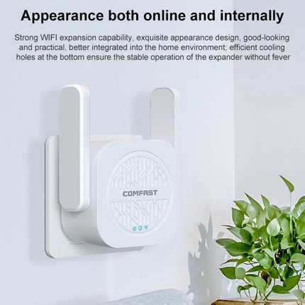 COMFAST Dual-Band WiFi Signal Extender for Home Coverage mounted on wall showing white extender with antennas and plant nearby