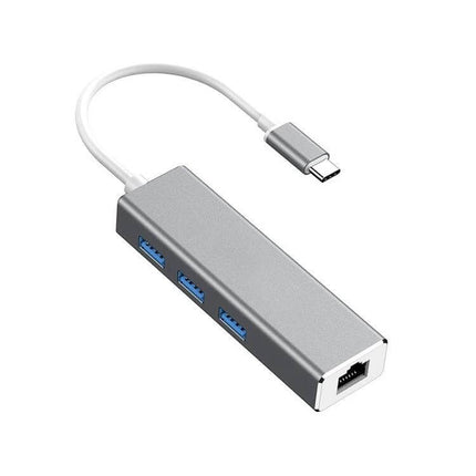 USB-C Adapter for Gigabit Ethernet and Multiple USB Ports in silver with three USB ports and RJ45 jack for stable wired internet