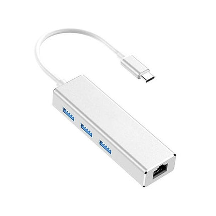 USB-C Adapter for Gigabit Ethernet and Multiple USB Ports compact silver hub with Ethernet port and three USB-A ports