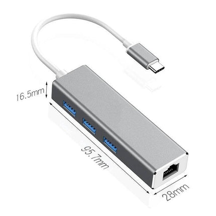 USB-C Adapter for Gigabit Ethernet and Multiple USB Ports compact hub with three USB-A ports and RJ45 Ethernet port
