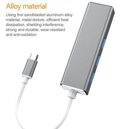USB-C Adapter for Gigabit Ethernet and Multiple USB Ports - slim aluminum hub with Gigabit Ethernet and three blue USB-A ports